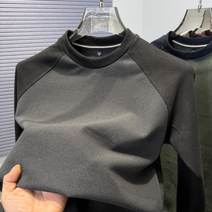 双面磨毛德芙绒拼色打底衫男圆领青年男款修身内搭长袖t恤上衣服