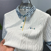 男短袖 夏季 中年男装 提花复古宝石四合扣针织polo衫 翻领t恤空调衫