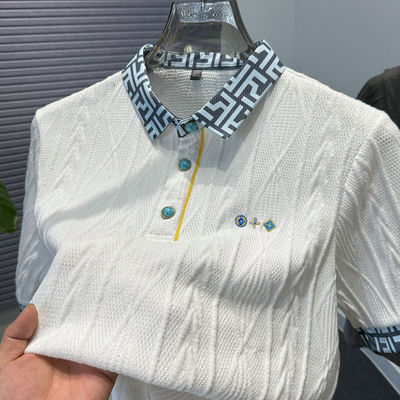 提花复古宝石四合扣针织polo衫