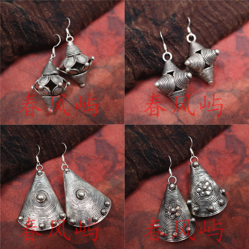 春风屿贵州民族风手工苗银多面螺纹短耳环复古个性百搭耳坠饰品27