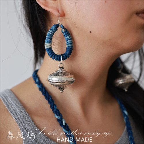 波西米亚手工蓝染编织大坠子耳环