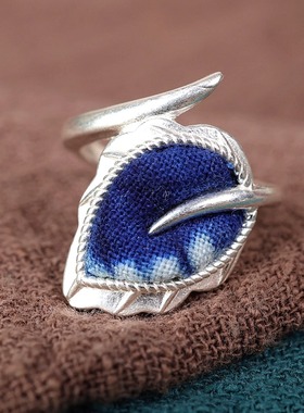 民族风刺绣老绣蓝染小巧叶片戒指