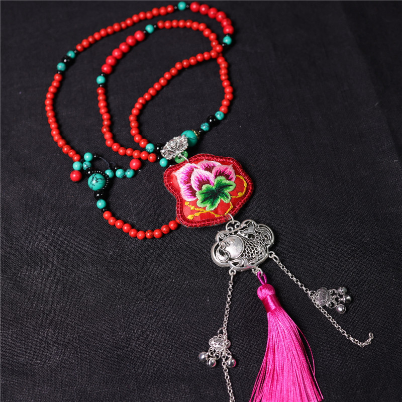 新款串珠长款斜挎链秋冬新中式国风项链古风旗袍刺绣老绣毛衣链女