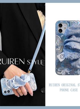 蓝色蝴蝶丝巾腕带适用三星S25至尊s24+/s23/s22/s20/s21FE手机壳note20羽纱女A54斜跨a53新款s10高级感保护壳