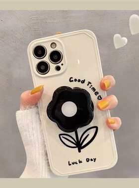 ins风黑色花朵带支架适用真我gt大师探索realme11pro手机壳gtneo5防摔neo3/v25全包GT5pro个性v23/v30女10pro