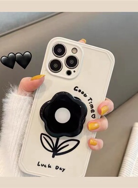 ins风黑色花朵带支架小胖妹适用于三星s24+/s23Ultra/s22/s20/s21FE手机壳全包a52女A54创意a53个性保护壳