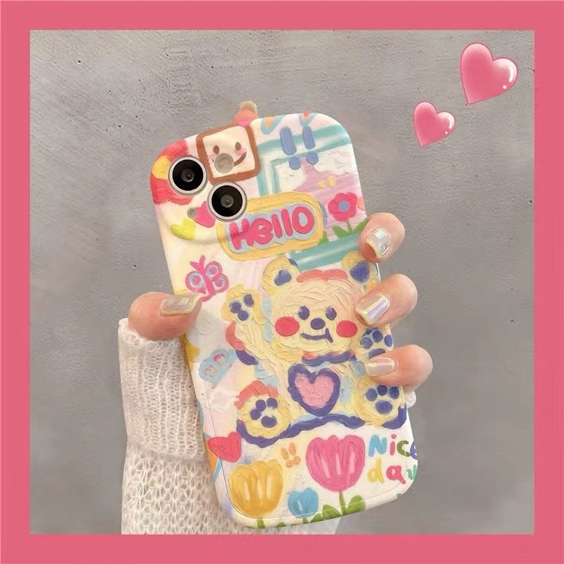 ins风油画涂鸦小熊小胖妹适用于苹果17Air/16e手机壳iphone15promax/xsmax创意14plus防摔女13mini/12pro个性