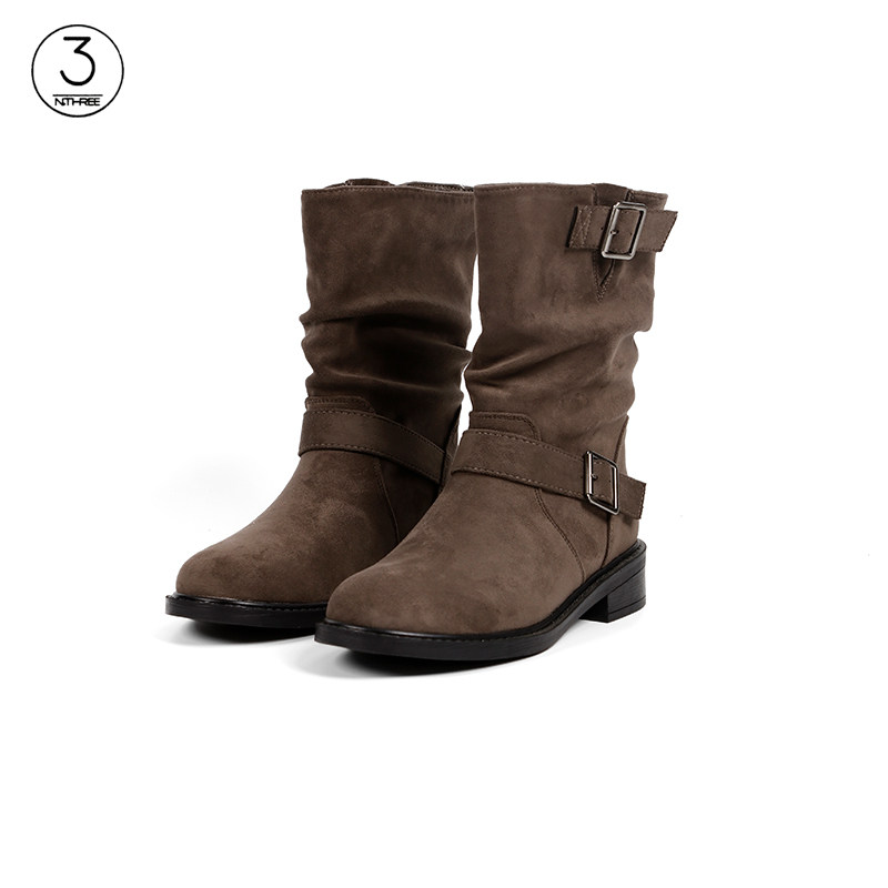 SY6607【撤柜】复古褶皱皮带扣堆堆靴女2025中筒短靴粗跟靴,女鞋,时装靴,淘宝优惠券,粉丝福利购,淘宝优惠卷