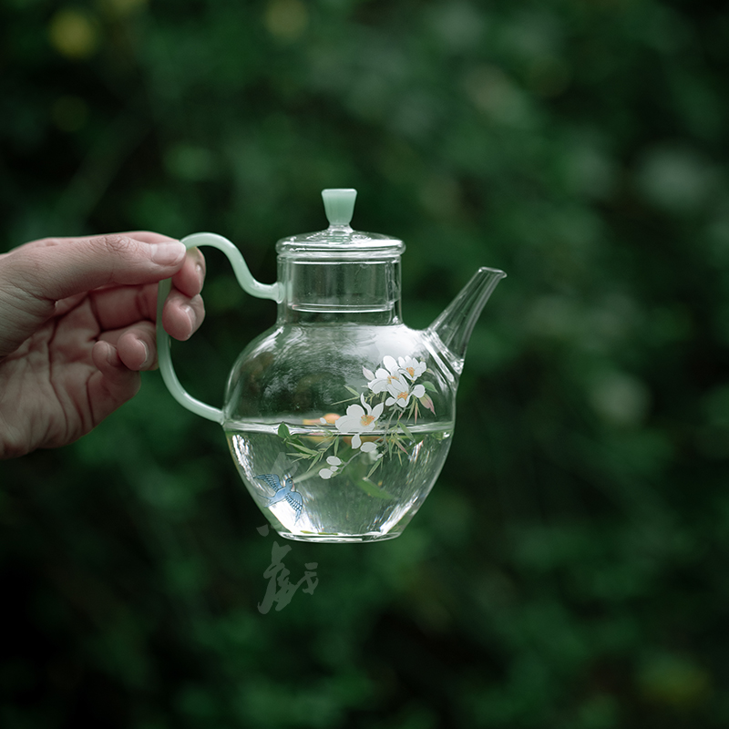 鱼戏复古耐热玻璃手执茶壶手工贴花小号家用绿茶泡茶壶单壶花茶壶