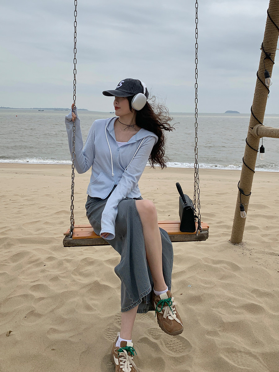 Soloki Korean レイドバックカジュアルスリムフィットフェイクツーピースパーカー薄型ダブルジッパーパーカー日焼け止め Tシャツ