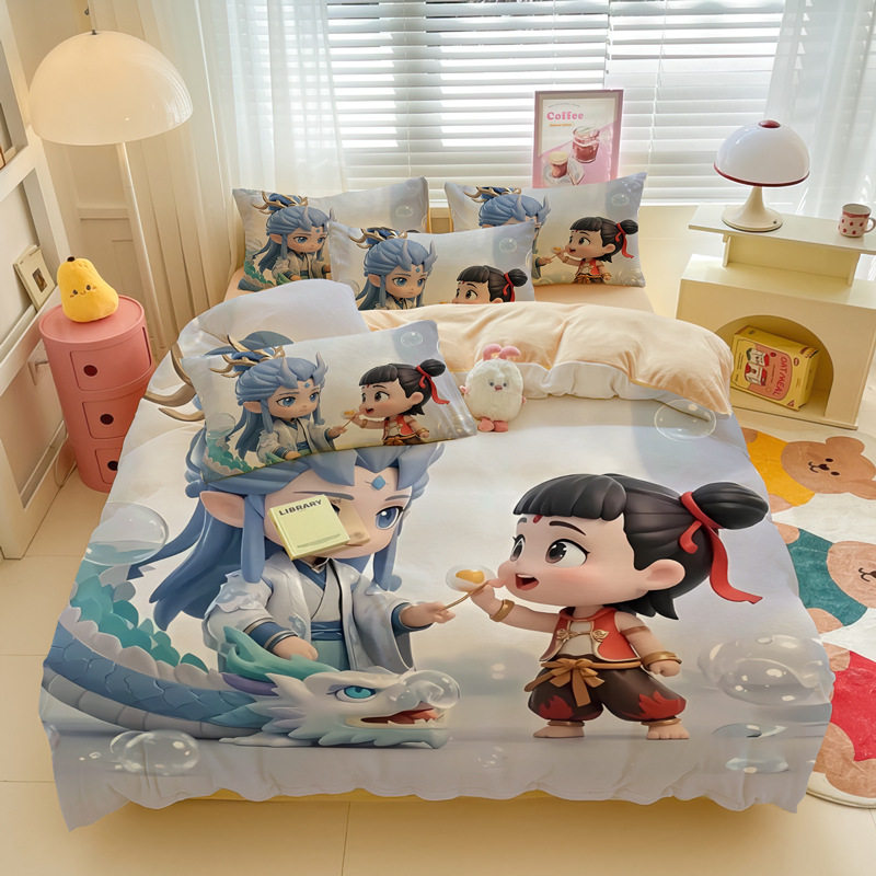 哪吒和敖丙被套婴肤绒四件套防静电儿童学生床上用品三件套法兰绒