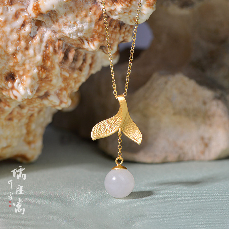 儒匪窝 鎏金镶嵌和田玉人鱼的眼泪项链女潮2020年新款锁骨链送礼