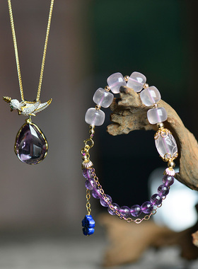 儒匪窝镶嵌吊坠项链粉晶手串