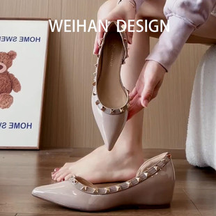 羊皮版！裸色尖头铆钉平底单鞋一脚蹬浅口百搭玛丽珍鞋配裙子瓢鞋