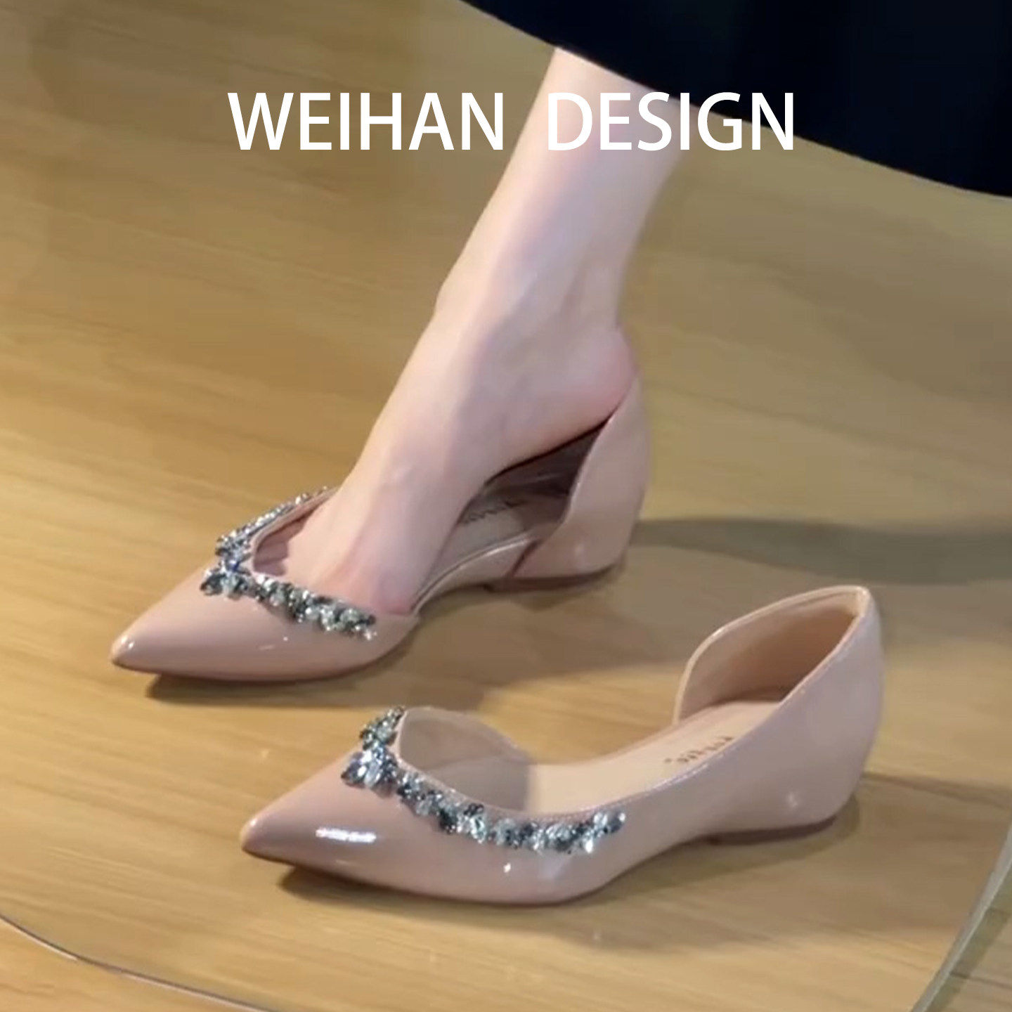 羊皮版！法式水钻尖头侧空单鞋女夏季复古一脚蹬内增高4公分凉鞋