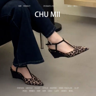 时髦配裙子单鞋 女坡跟一字带高跟鞋 韩系豹纹尖头包头凉鞋 羊皮版
