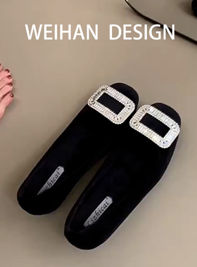 羊皮版！内增高法式水钻浅口单鞋女配裙子绒面玛丽珍鞋黑色通勤鞋