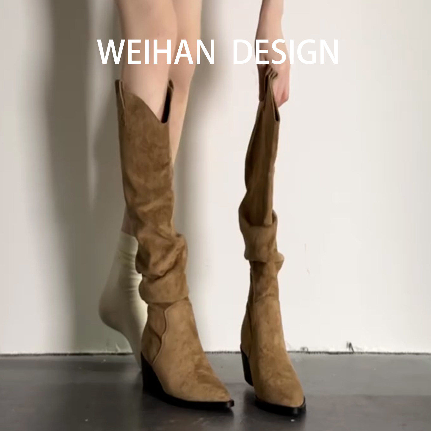 羊皮版~复古西部牛仔靴女V口褶皱堆堆靴粗跟绒面美拉德显瘦长筒靴,女鞋,骑士靴,淘宝优惠券,粉丝福利购,淘宝优惠卷