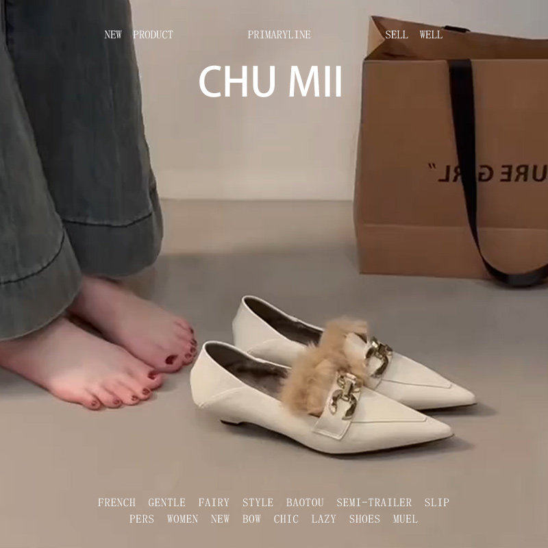 羊皮版~通勤加绒尖头乐福鞋女法式金属扣坡跟毛毛鞋复古小众单鞋,女鞋,浅口单鞋,淘宝优惠券,粉丝福利购,淘宝优惠卷