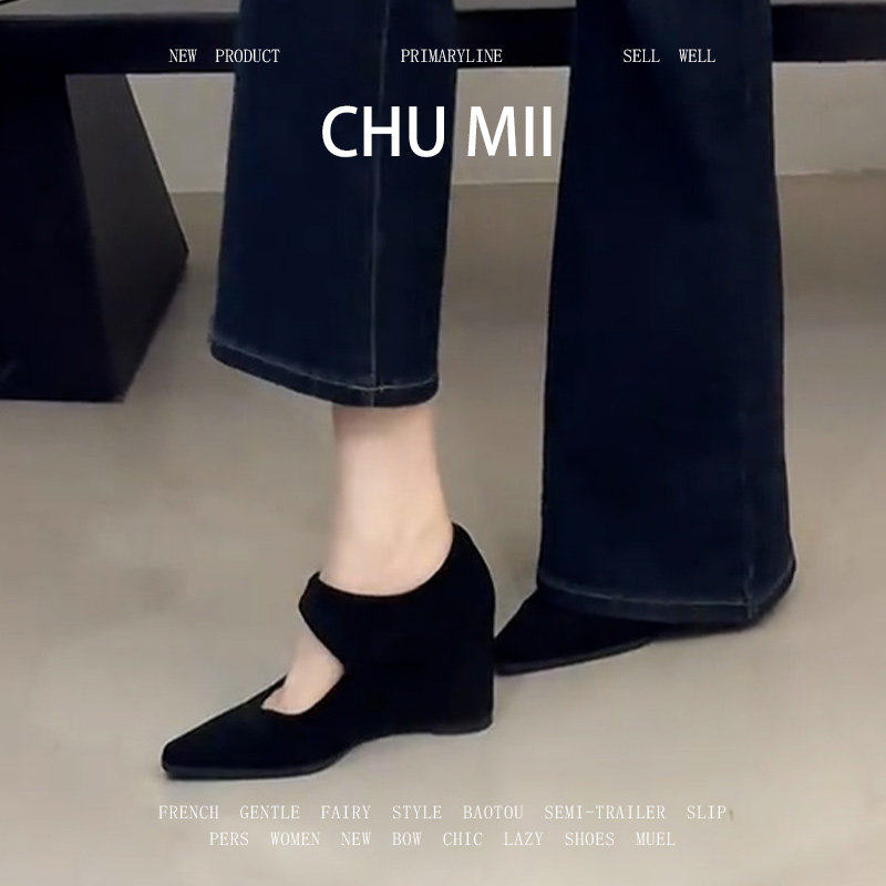 羊皮版~法式黑色绒面玛丽珍鞋女坡跟一字扣带单鞋尖头真皮高跟鞋