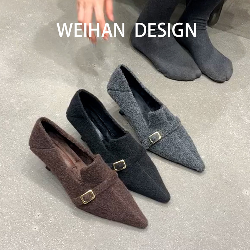 羊皮版！韩式4cm尖头加绒毛毛鞋