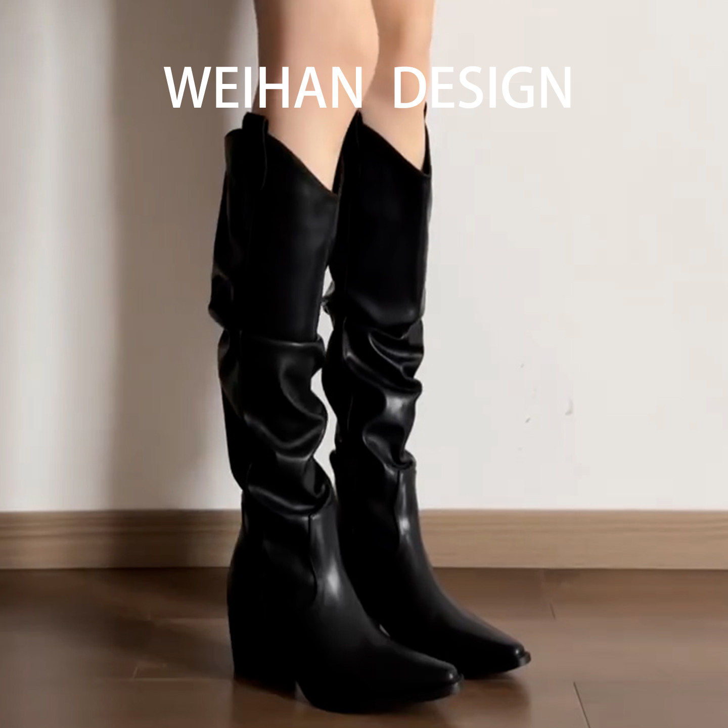 羊皮版~真皮粗跟尖头褶皱堆堆靴女高筒骑士靴复古长筒西部牛仔靴,女鞋,骑士靴,淘宝优惠券,粉丝福利购,淘宝优惠卷