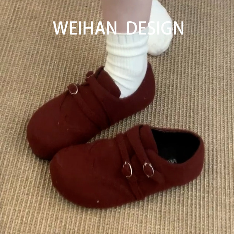 羊皮版！复古红色加绒勃肯鞋女圆头内增高毛毛乐福鞋秋冬保暖棉鞋