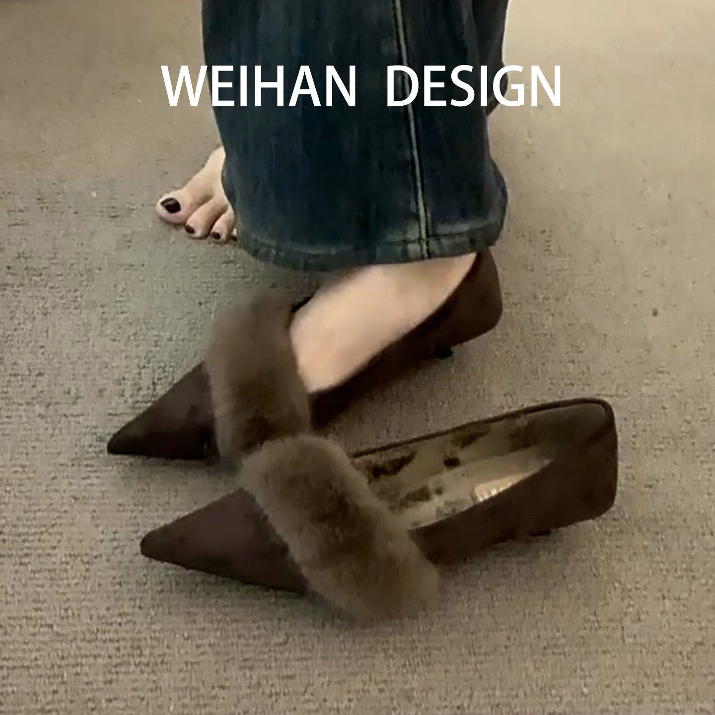 羊皮版！法式尖头小细跟浅口单鞋绒面一脚蹬通勤单鞋加绒保暖棉鞋,女鞋,浅口单鞋,淘宝优惠券,粉丝福利购,淘宝优惠卷