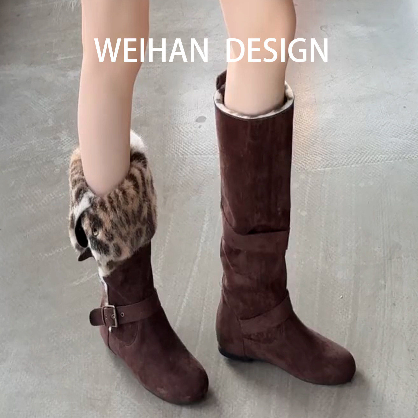 羊皮版！圆头豹纹毛毛保暖堆堆靴内增高中筒骑士靴辣妹皮带扣长靴,女鞋,骑士靴,淘宝优惠券,粉丝福利购,淘宝优惠卷