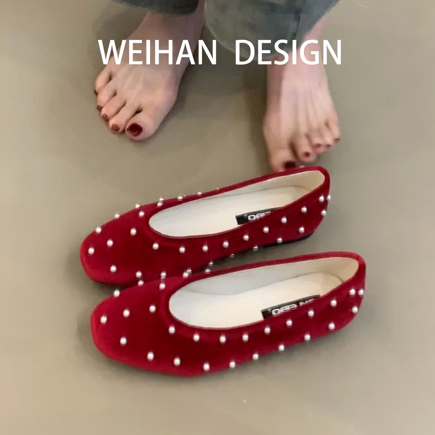 羊皮版！法式红色珍珠芭蕾舞单鞋女圆头浅口复古平底一脚蹬奶奶鞋,女鞋,浅口单鞋,淘宝优惠券,粉丝福利购,淘宝优惠卷