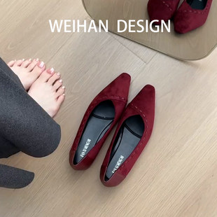 羊皮版！复古通勤小方头玛丽珍鞋女内增高绒面平底单鞋配裙子瓢鞋