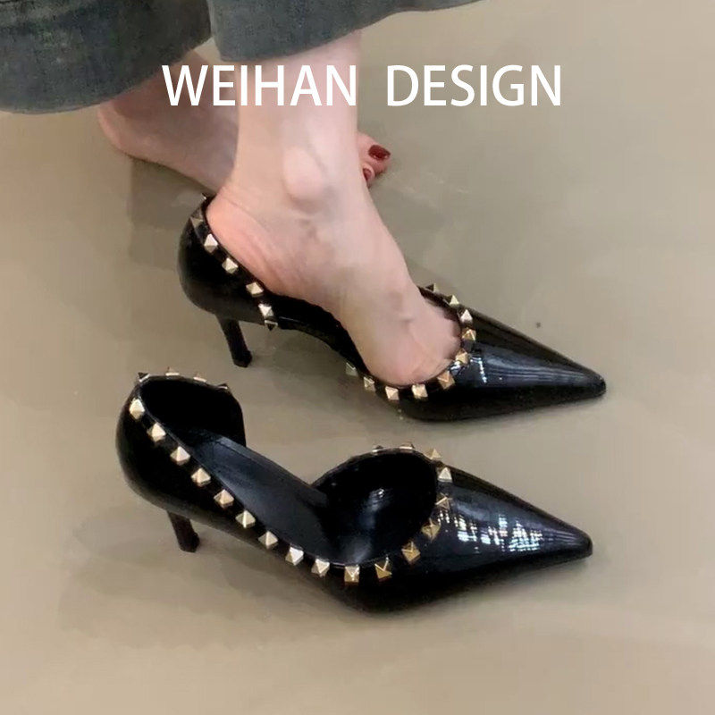 羊皮版！黑色性感尖头高跟鞋细跟铆钉秋季不累脚单鞋配裙子宴会鞋
