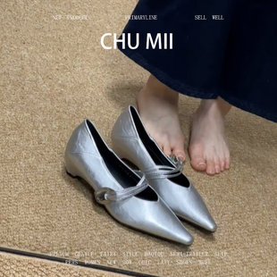 羊皮版！绝美一字带尖头高跟鞋女粗跟软底单鞋银色真皮包头凉鞋