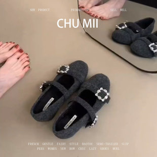 羊皮版~气质毛呢水钻单鞋女内增高圆头一字扣单鞋法式仙女风瓢鞋