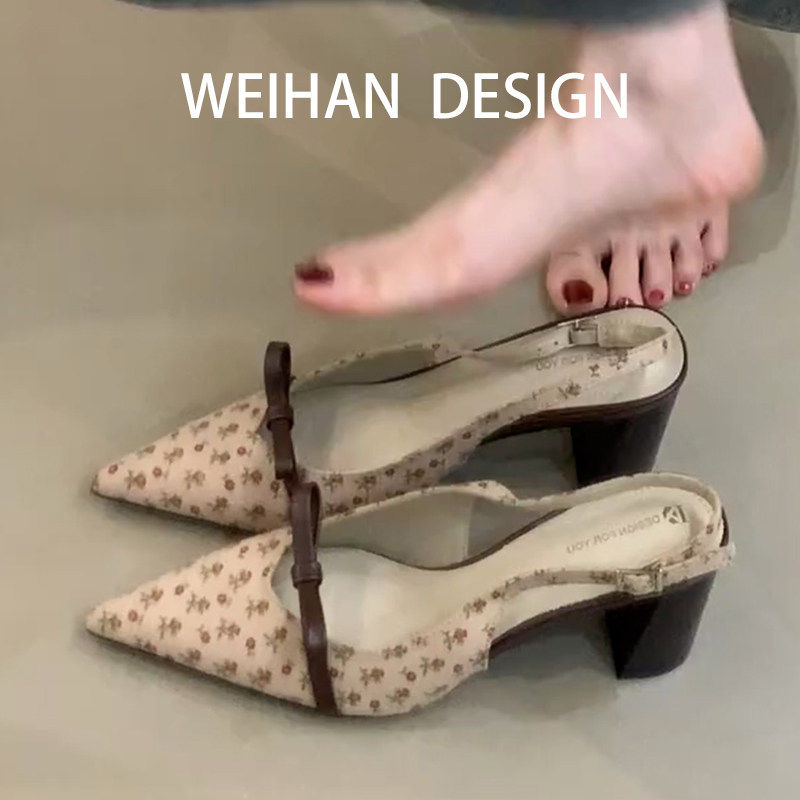 羊皮版！碎花尖头一字带凉鞋女粗跟蝴蝶结高跟鞋优雅气质浅口单鞋