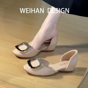 羊皮版！裸色小个子内增高单鞋女金属方扣中空平底玛丽珍鞋配裙子