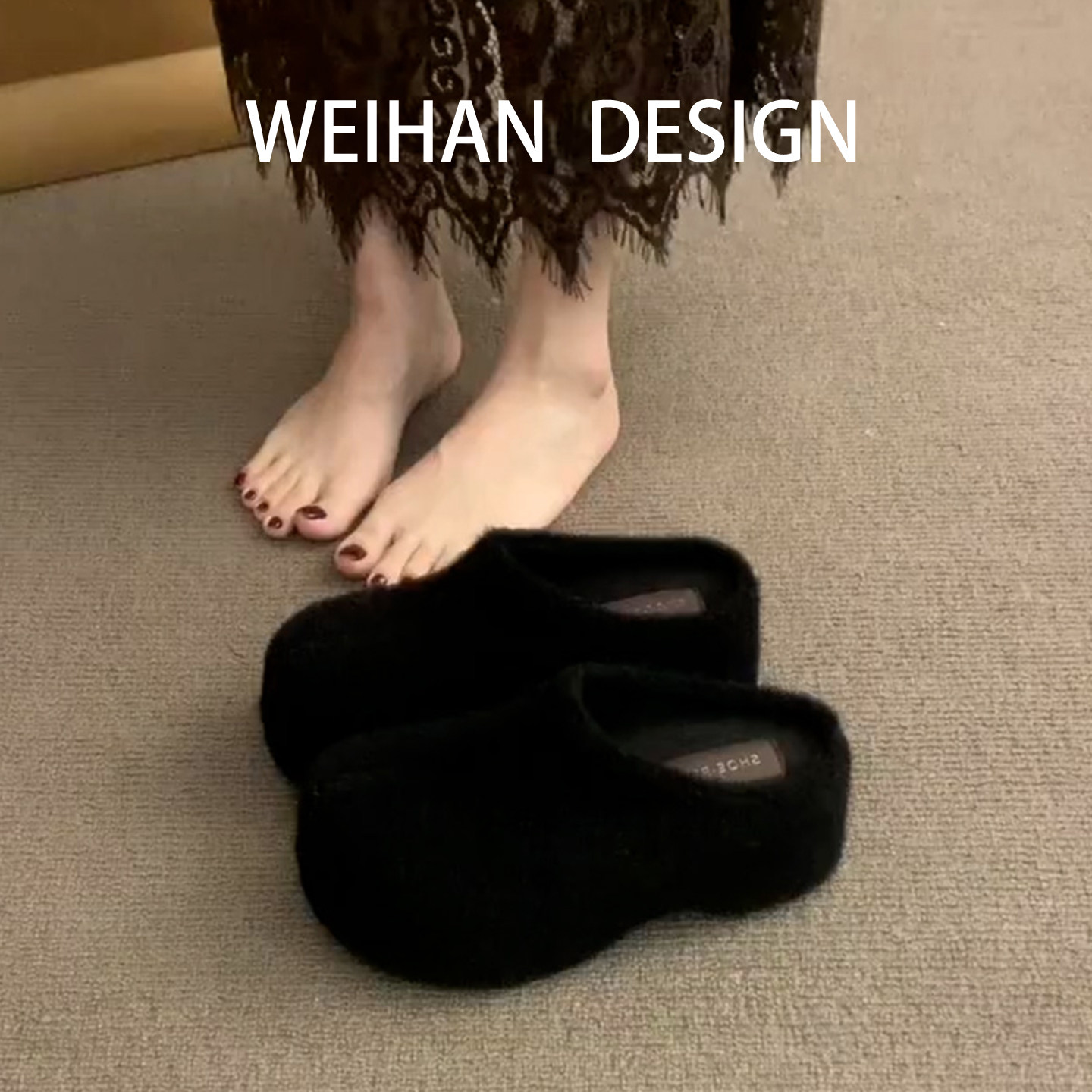 羊皮版！厚底增高加绒包头半拖鞋外穿松糕底毛毛鞋一脚蹬勃肯棉拖