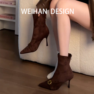 短靴炸街高跟瘦瘦靴 感尖头缎面细跟短靴女冬欧美时装 羊皮版 时尚