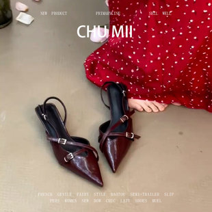 羊皮版~性感红色小猫跟凉鞋女配裙子尖头高跟鞋法式复古浅口单鞋