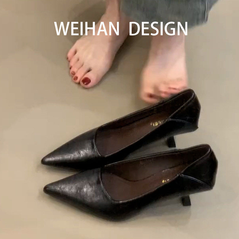 羊皮版！法式尖头气质高跟鞋女通勤黑色百搭浅口一脚蹬小猫跟单鞋,女鞋,浅口单鞋,淘宝优惠券,粉丝福利购,淘宝优惠卷