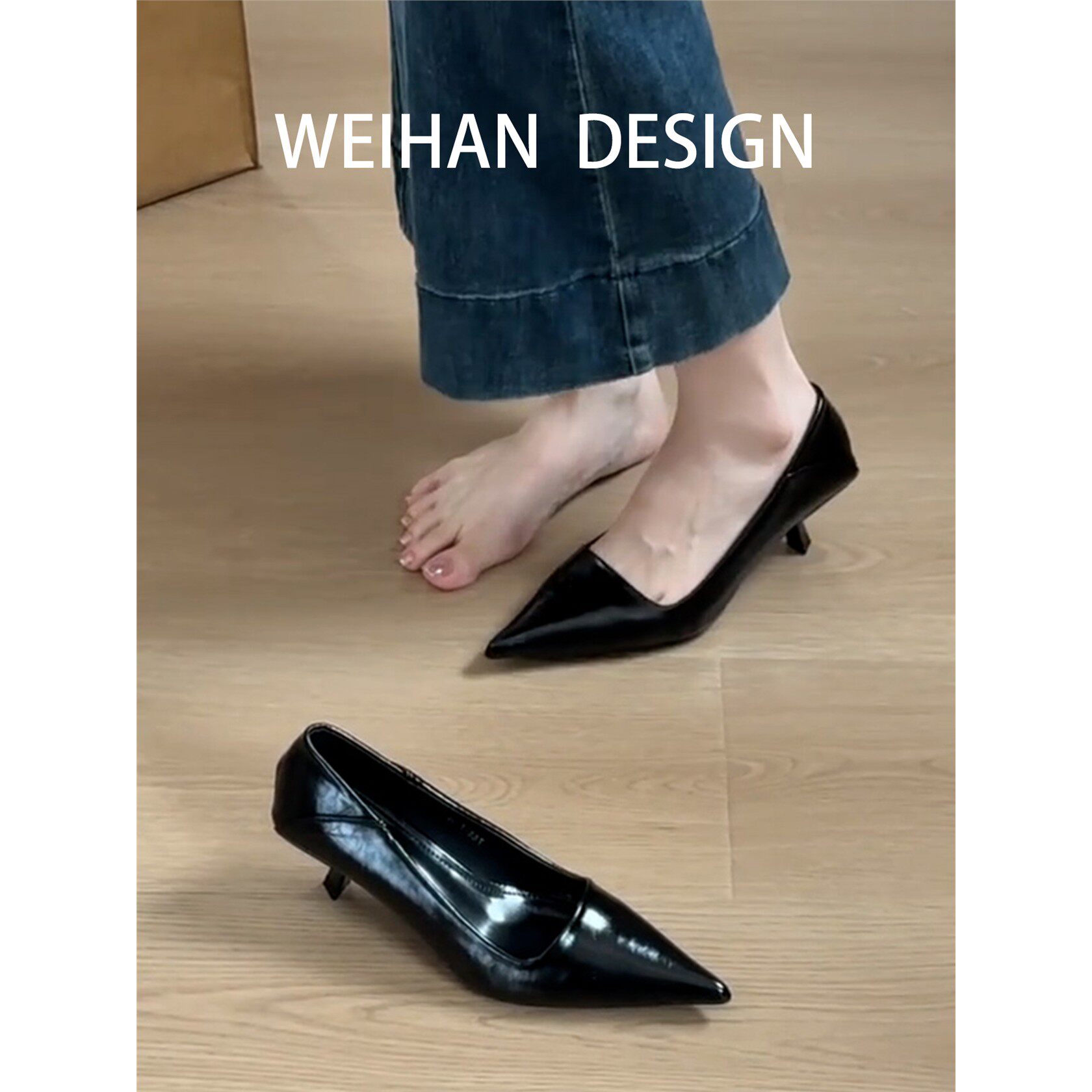 羊皮版！法式尖头细跟高跟鞋女黑色通勤工作鞋气质浅口一脚蹬单鞋