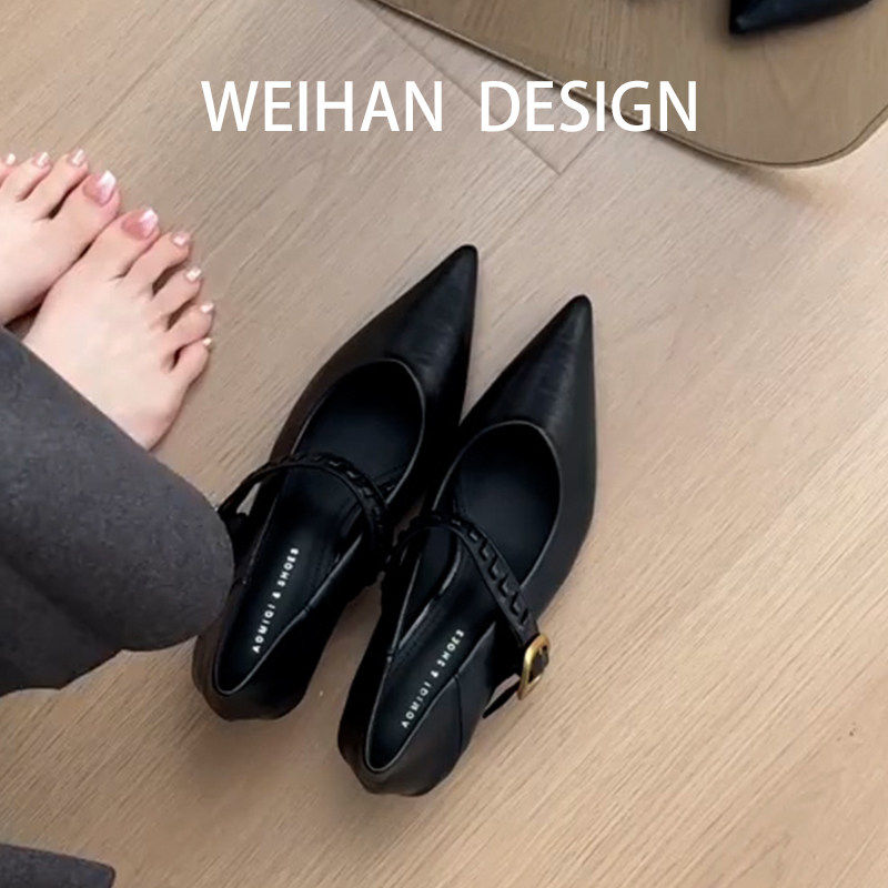 羊皮版！法式气质尖头黑色单鞋女鞋子细跟高跟一字扣带通勤晚晚鞋,女鞋,浅口单鞋,淘宝优惠券,粉丝福利购,淘宝优惠卷