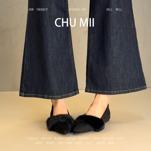 羊皮版！法式黑色内增高毛毛单鞋女尖头平底玛丽珍鞋通勤软底瓢鞋