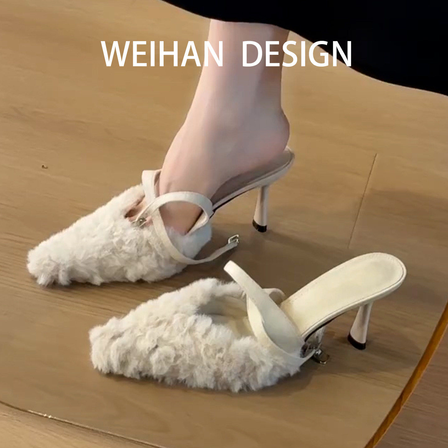 羊皮版！名媛风尖头毛毛凉鞋女交叉带细跟高跟鞋性感法式后空单鞋,女鞋,浅口单鞋,淘宝优惠券,粉丝福利购,淘宝优惠卷