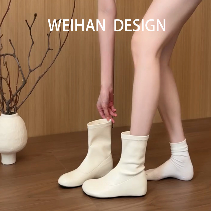 羊皮版！内增高法式白色马丁靴女小众弹力瘦瘦靴短筒大头小踝靴