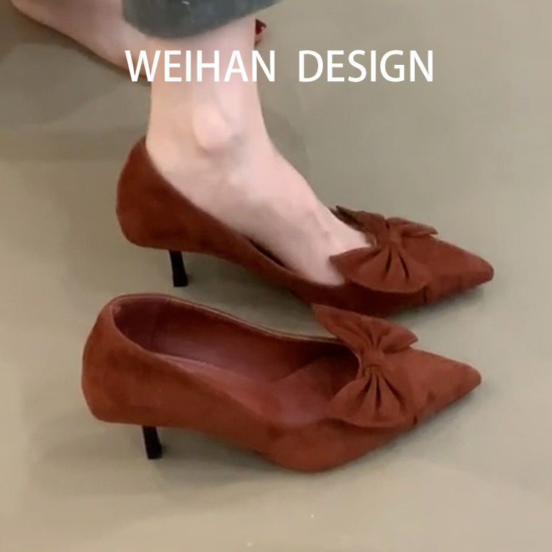 羊皮版！法式绒面气质高跟鞋女细跟浅口蝴蝶结不累脚尖头通勤单鞋,女鞋,浅口单鞋,淘宝优惠券,粉丝福利购,淘宝优惠卷