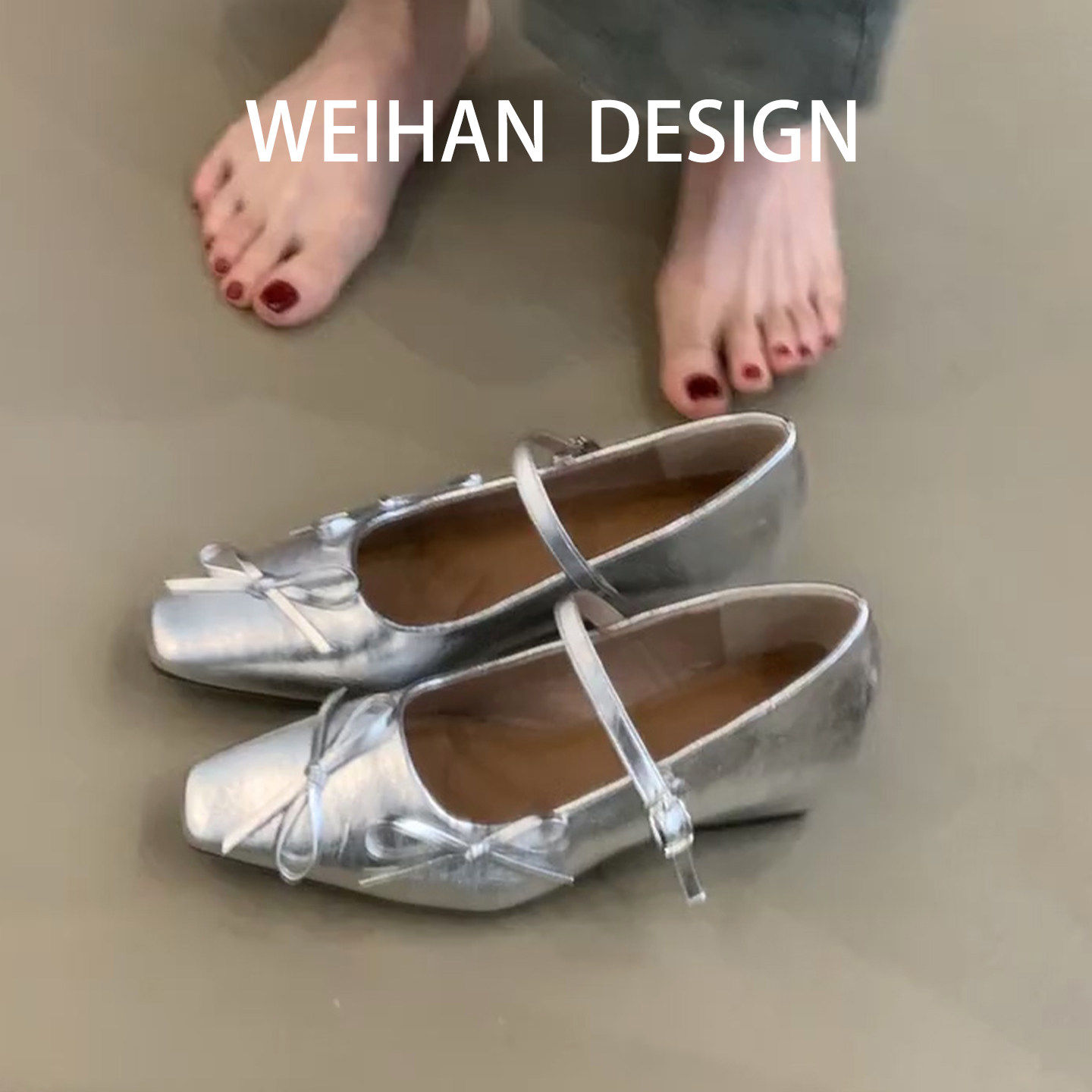 羊皮版！法式浅口银色玛丽珍鞋蝴蝶结一字扣带坡跟平底仙女风单鞋,女鞋,浅口单鞋,淘宝优惠券,粉丝福利购,淘宝优惠卷