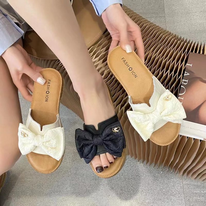2023新款牛皮牛筋软底拖鞋女夏外穿蝴蝶结平底鞋孕妇防滑一字凉拖