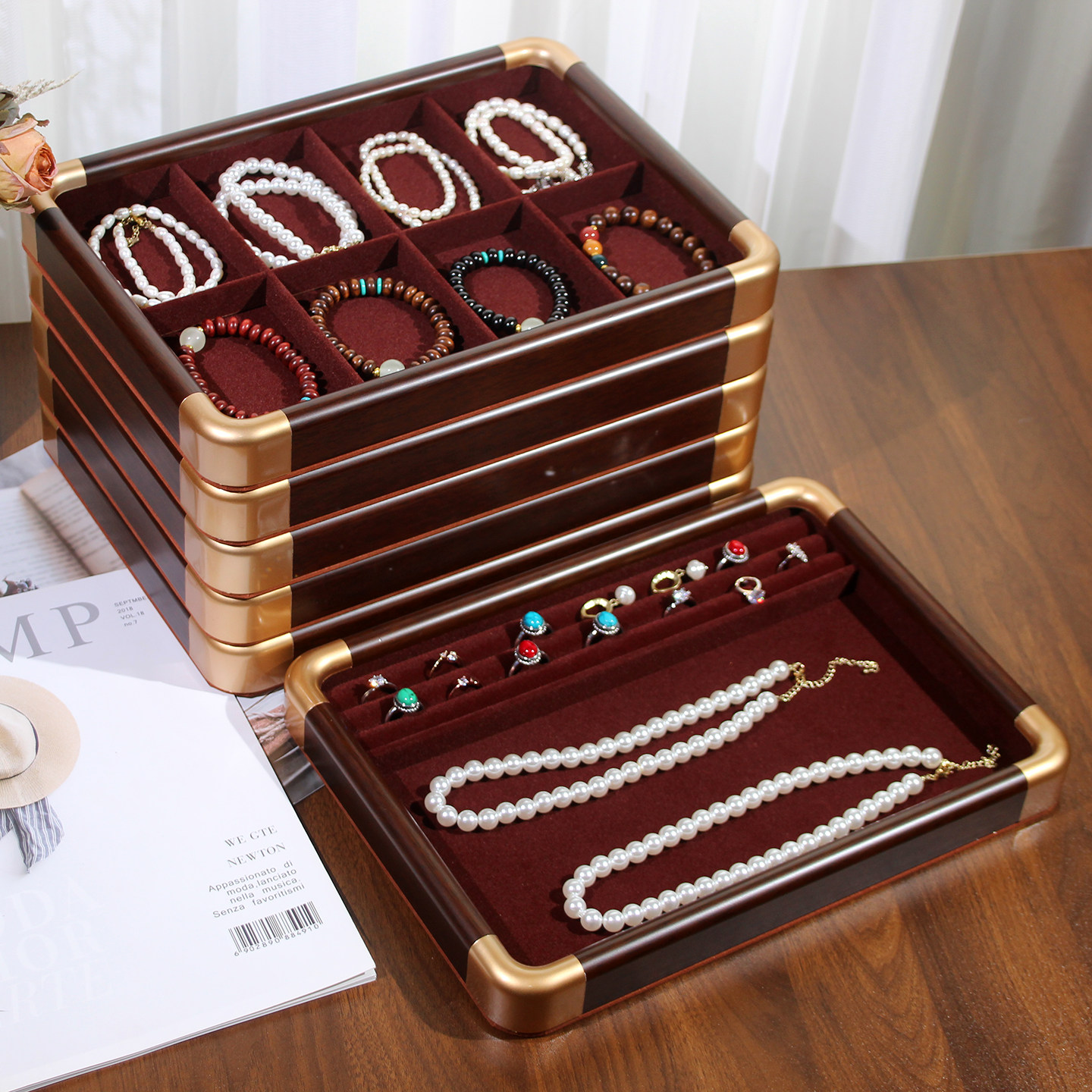 胡桃木纹首饰展示托盘手链项链戒指耳钉耳环珠宝看货盘无盖高级架