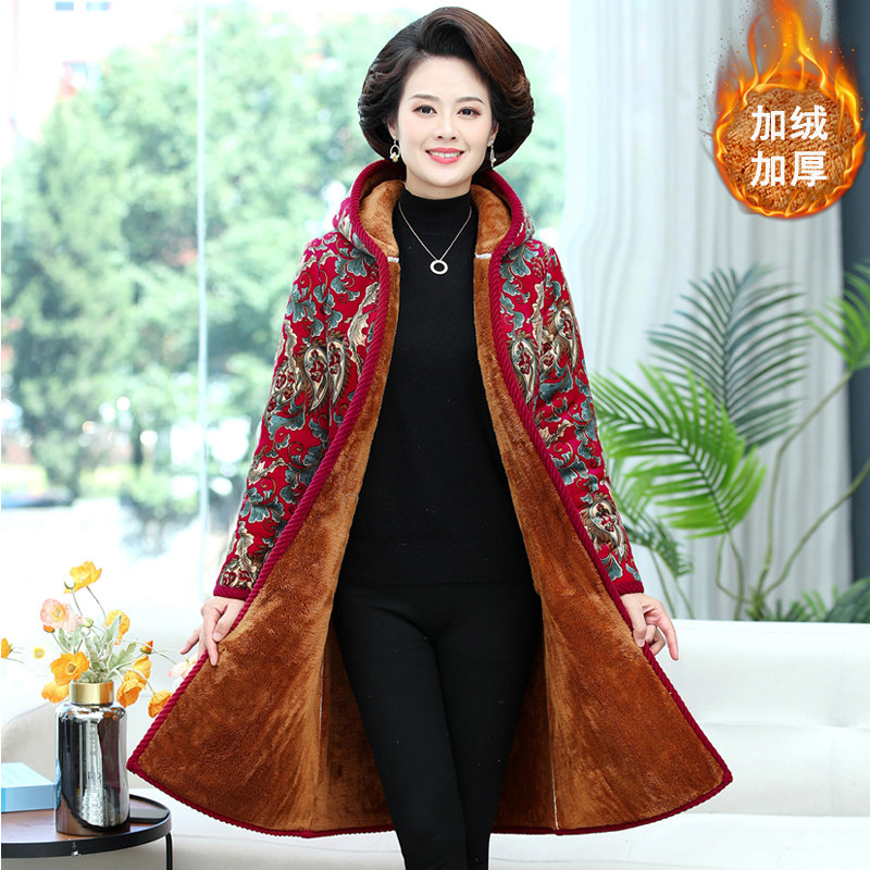 中老年花棉袄加绒加厚妈妈冬装棉衣连帽东北棉服中长款中年女装